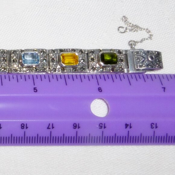 Vintage Silver Bracelet with Marcasite Amethyst Topaz Citrine Peridot Stones 7" - Picture 7 of 9